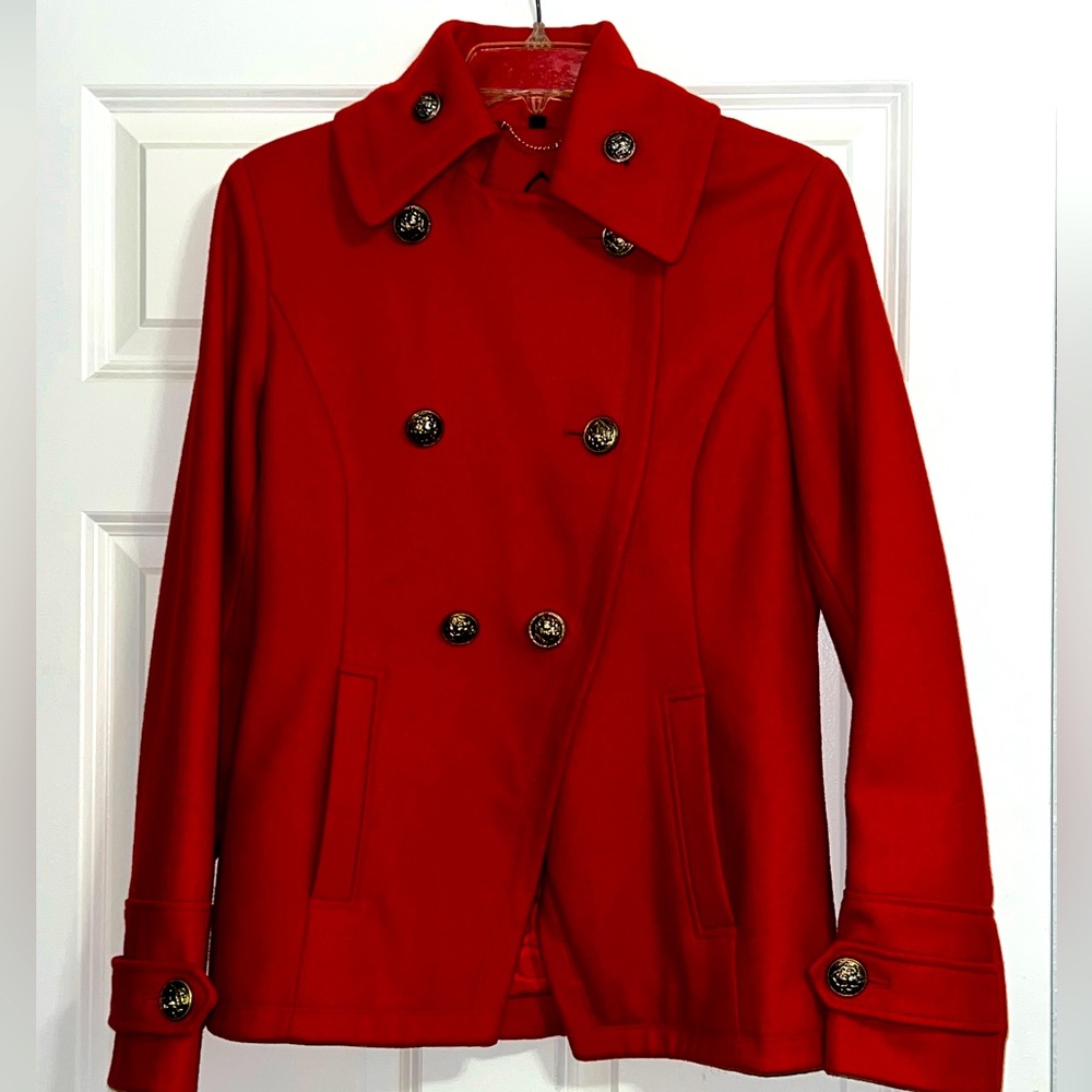 Red military style wool coat jacket with 6 button front and 2 button back